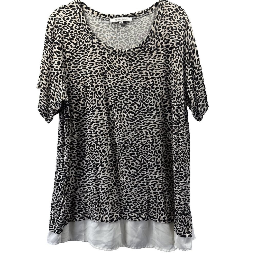 Ros & Olive Women's Top‎ Size 1X Leopard Layered Look Short Sleeve Black Ivory